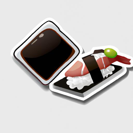 Sticker đĩa sushi với nước tương và wasabi