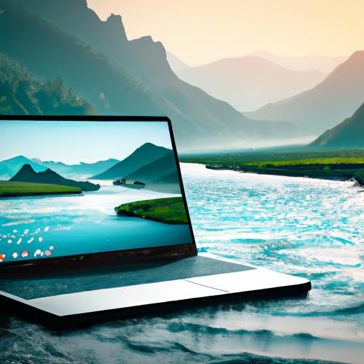 Laptop với hình nền mùa hè 4k hiển thị phong cảnh núi rừng với con sông