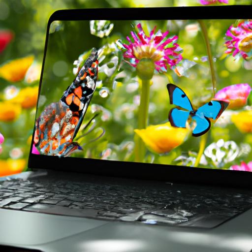 Laptop với hình nền mùa hè 4k hiển thị vườn hoa đầy màu sắc với bướm