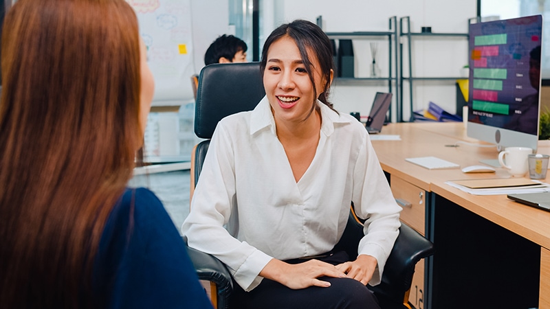 asia businesspeople chatting intern discussing job interview colleagues having conversation communication meeting brainstorming ideas about project working plan success strategy office