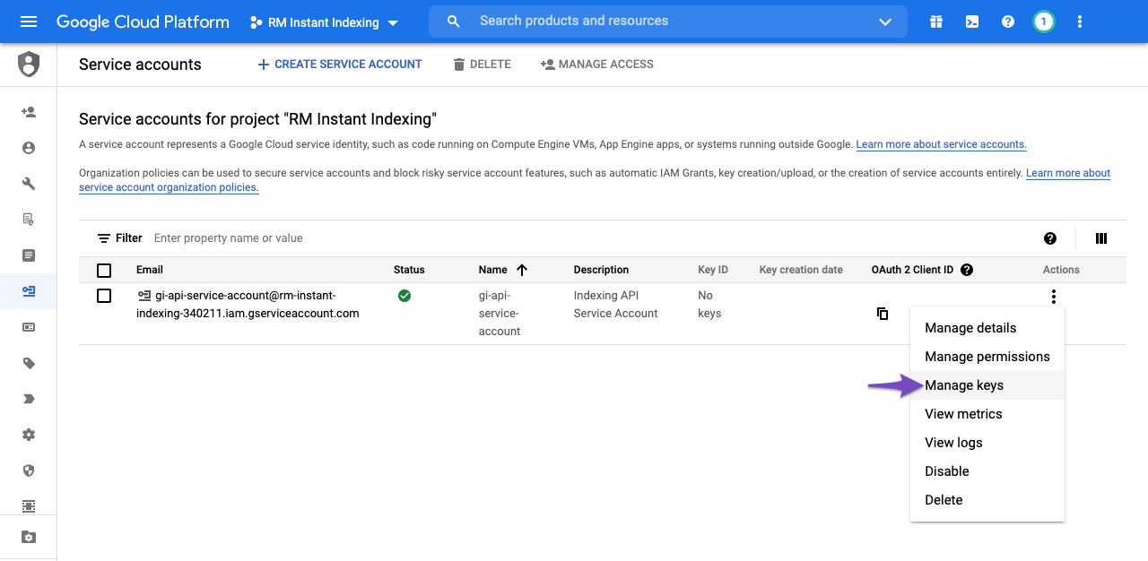 Manage Keys Google Service Account