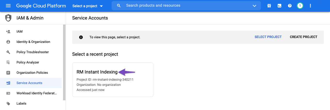 Select project to create service account 2